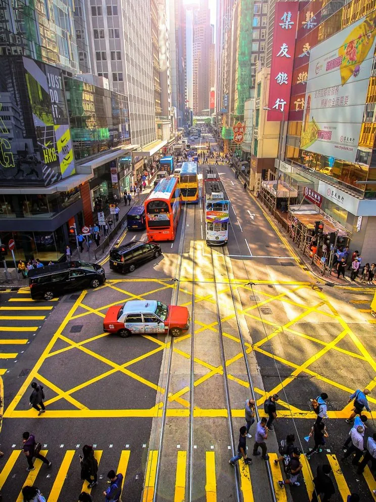 Vibrant city street during a team excursion